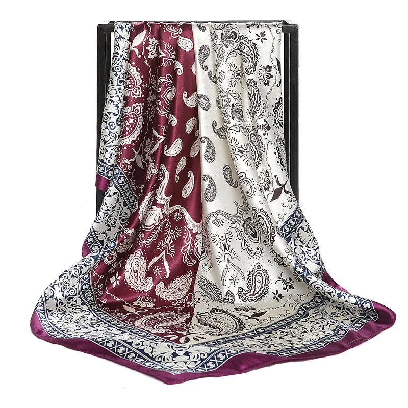 

Fahsion Paisley Print Hijab Scarf For Women Silk Satin Head Scarfs Female 90*90cm Square Shawls and Wraps Scarves For Ladies Red