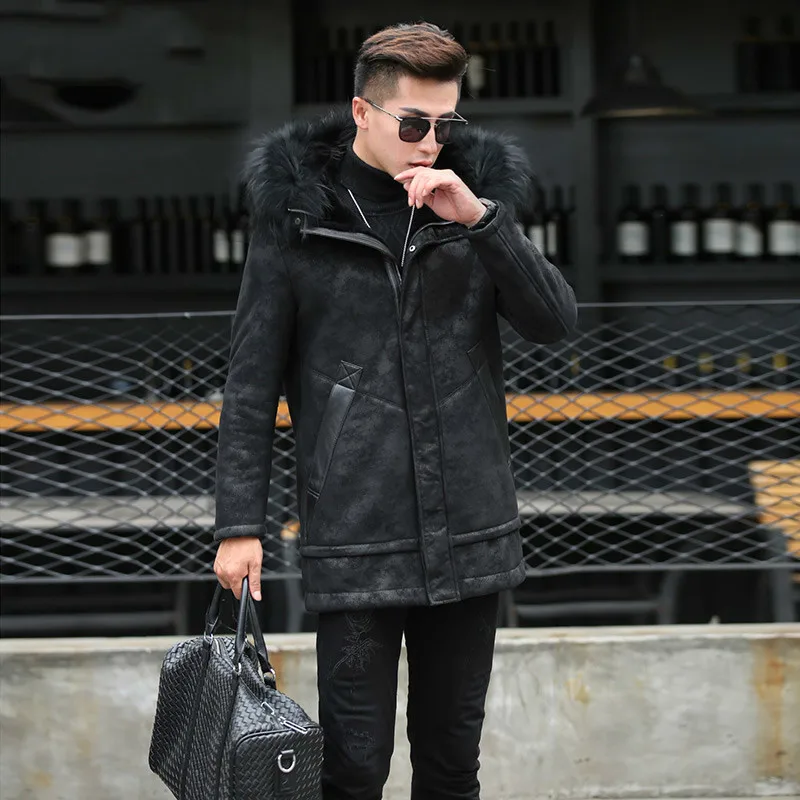 

Winter Genuine Leather Jacket Men Sheepskin Coat Hooded Wool Liner Raccoon Fur Collar Chaqueta Cuero Hombre1807 KJ1400