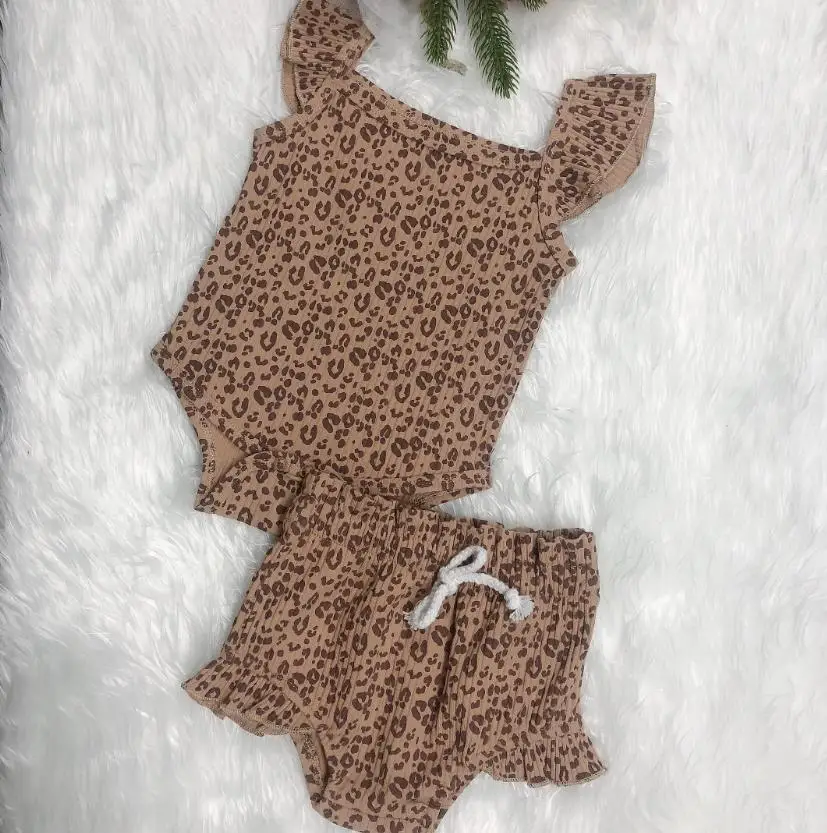 

Summer Newborn Baby Girl Leopard Romper Set Ruffled Sleeve Square Neck Triangle Bodysuit with Elastic Shorts Baby's Sets