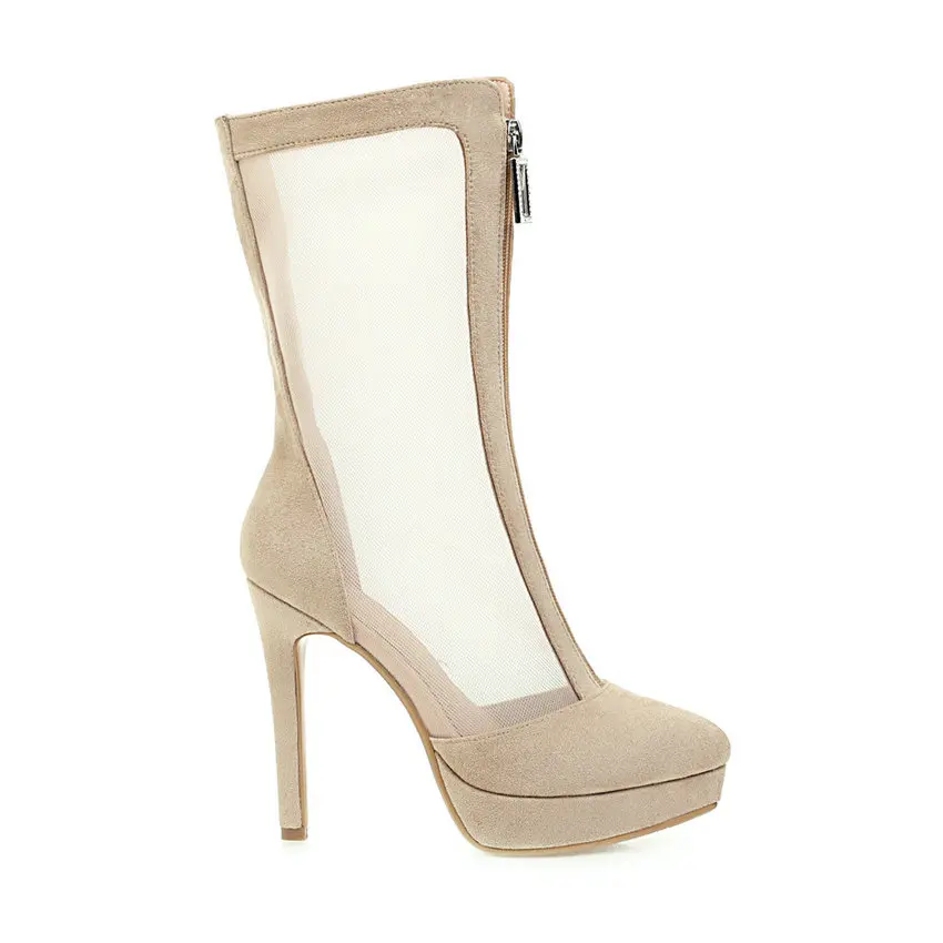 ANMAIRON Flock Mid-Calf  Boots Women Thin Heels Spring/Autumn 2020 Shoes Woman Platform Basic Round Toe Mesh (Air Mesh) Boots