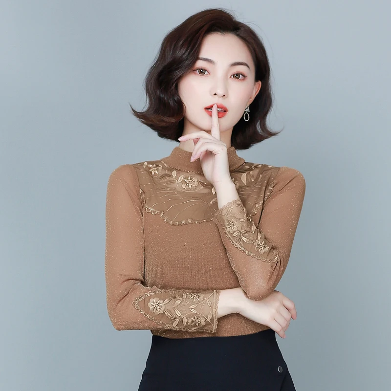 Spring Autumn Women Blouse Long Sleeve Mesh Lace Shirt Women Top Elegant Half High Collar Bright Flower Blouse Female Work Shirt