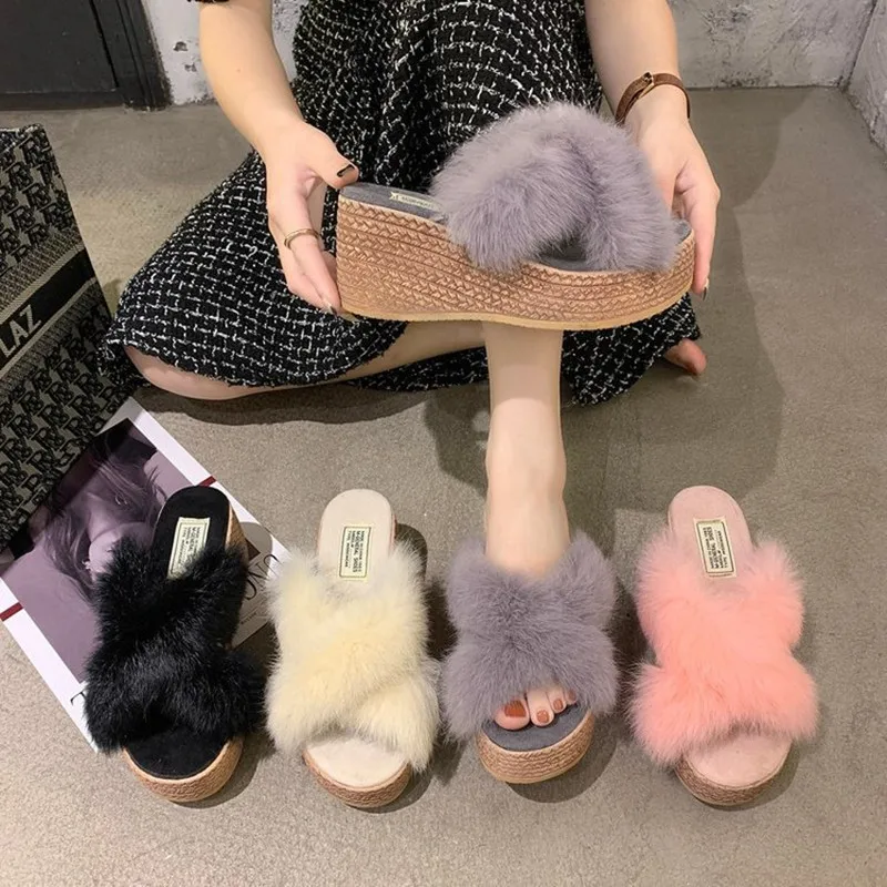 

2021 New Fashion Women's High-heeled Slippers Sponge Cake Thick-soled Cross Fur Slippers Wear-resistant Rabbit Fur Flip-flops