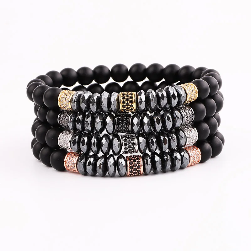 

High Quality Natural Stone Matte Onyx Hematite CZ Pave Charm Elastic Bracelet For Men Jewelry Gift