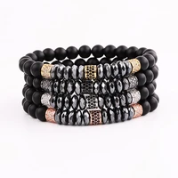 high quality natural stone matte onyx hematite cz pave charm elastic bracelet for men jewelry gift