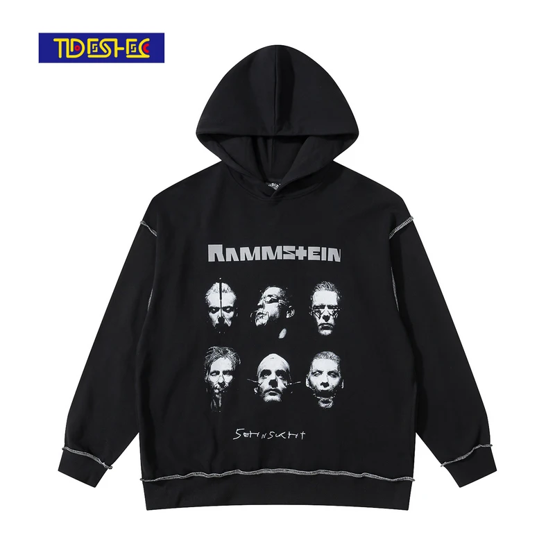 

Tideshec Harajuku Punk Gothic Loose Hoodie Portrait Print Hooded Sunscreen Jacket Black Retro Streetwear Men's Fashion Top