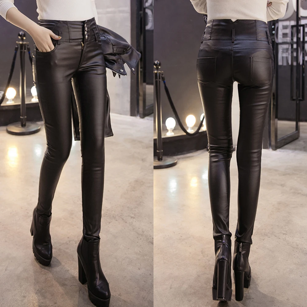 High Waist Women Leggings PU Leather Legging Thick Winter Wear Female Warm Streetwear Pants 2019 New Fashion Lady Trousers | Женская