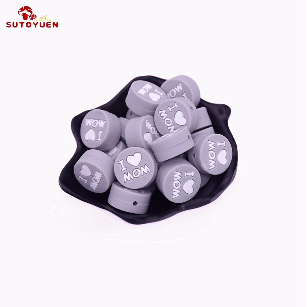 Gray love mom 5 шт. силиконовые бусины I Love DAD плоские круглые Прорезыватели для зубов детский Прорезыватель застежка ожерелье Изготовление ювелирных изделий пищевой - Цвет: Gray love mom