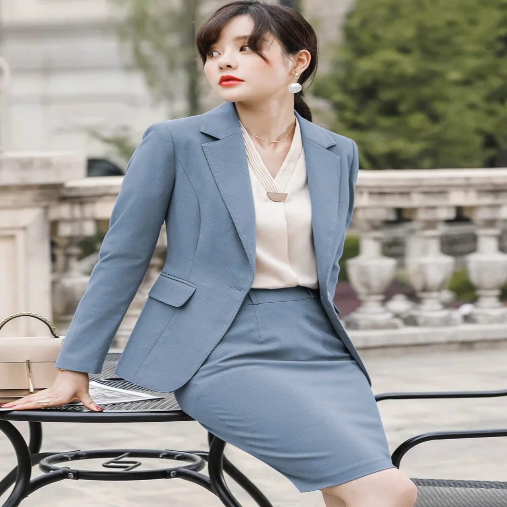 Female professional suit fashion temperament business commuter skirt suit dress one button long sleeve blue suit 2 piece set