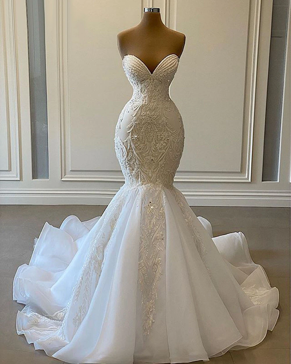 Sexy Sweetheart Mermaid African Wedding Dresses 2022 Luxury Beaded Embroidery Women White Organza Bridal Wedding Gowns