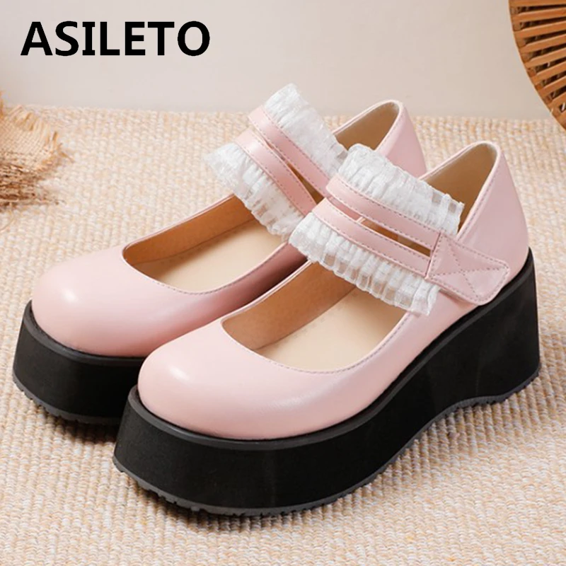 

ASILETO Mary Jane Shoes for Women Spring Round Toe Chunky Hook&Loop Pumps Flower Sweet Cute Thick Bottom Lolita Shoes C2387