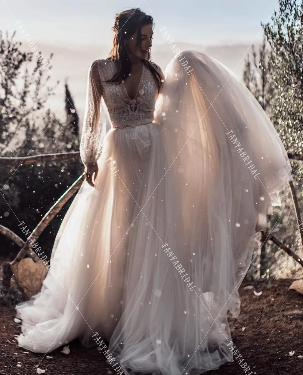 Boho Dreamy A Line Свадебные платья с длинным рукавом золотой пояс Свадебные платья Robe de soriee Maxi Noivas DW187