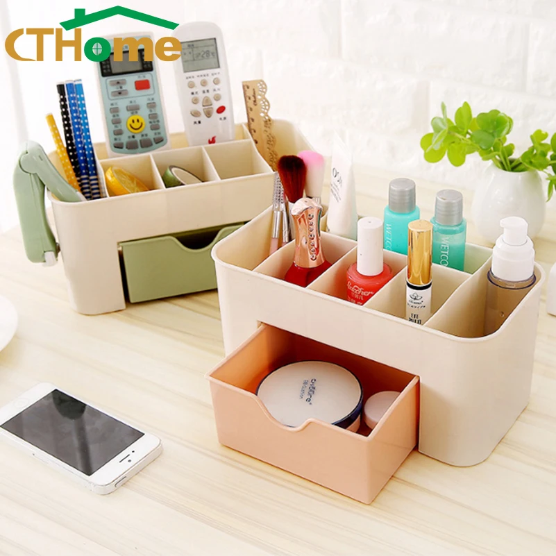 

Pink Blue Green Plastic Makeup Organizer Make Up Brush Storage Box with Drawer Cotton Swabs Stick Lipstick Jewelry Container