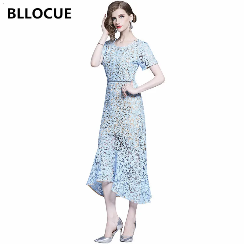 

Женское кружевное платье с коротким рукавом BLLOCUE, голубое облегающее платье с вырезом «рыбий хвост», лето 2020
