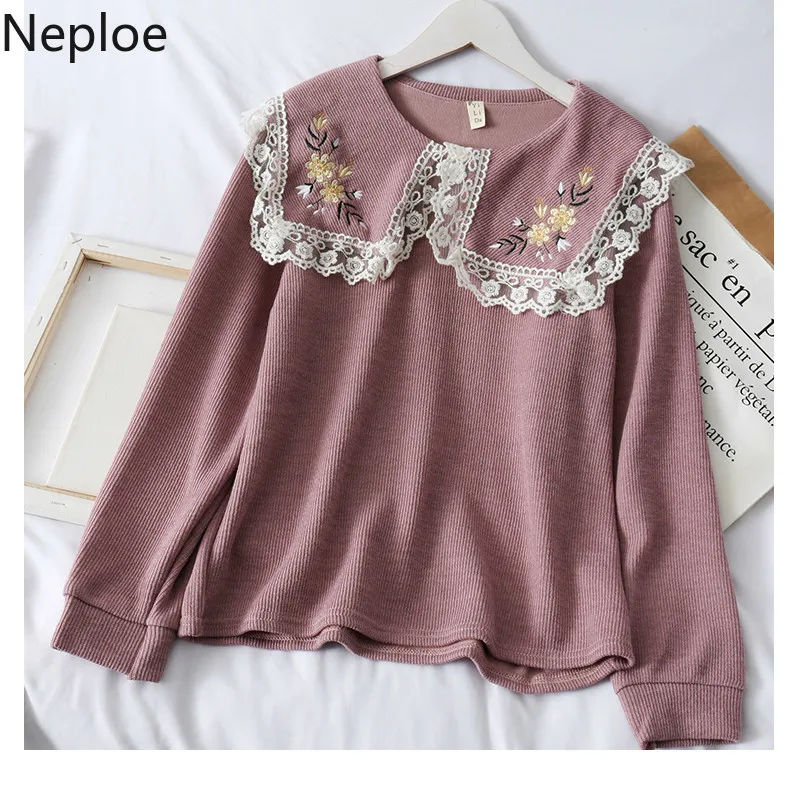 Neploe ретро-кукла воротник кружево лоскутное вышивка цветок вязаный свитер