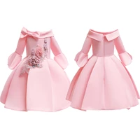 pink girl dress off shoulder long sleeve party dresses embroidered bow decoration spring and autumn solid princess fashion skirt