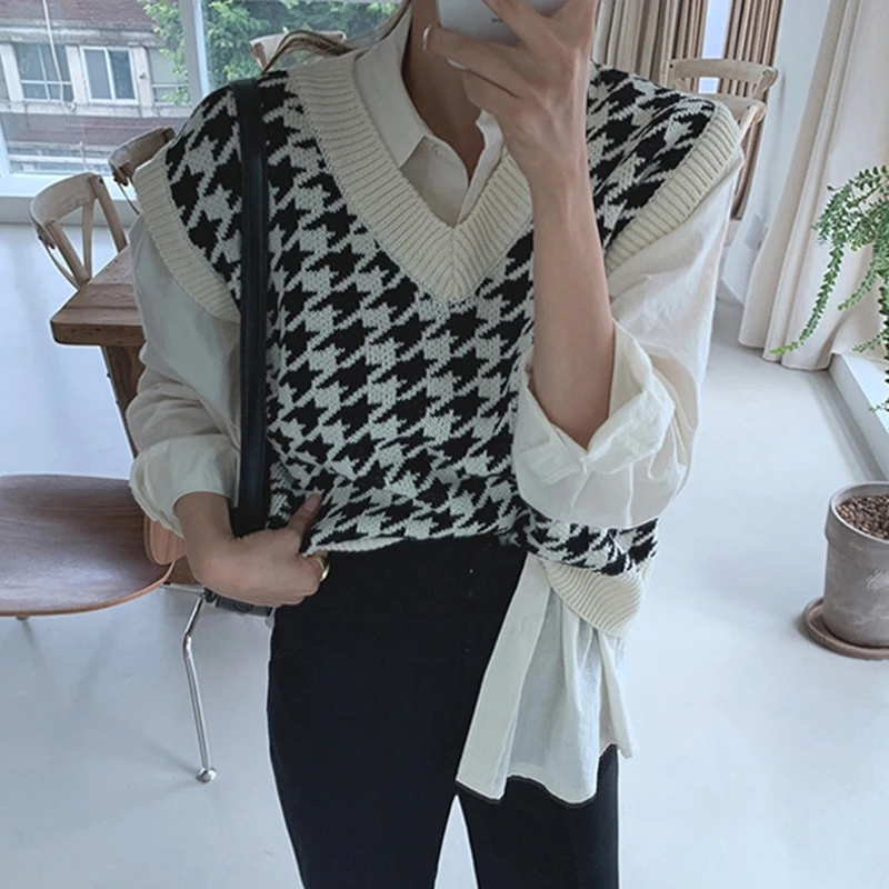 Женский шерстяной вязаный жилет Y2KHoundstooth новинка 2022 Осенний Свободный корейский
