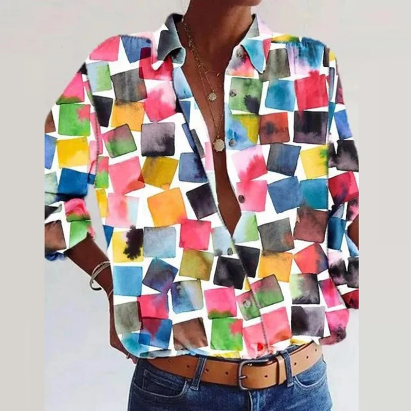 

2021 Spring Graffiti Square Print Blouse Shirt Elegant Turn-Down Collar Office Lady Shirts Autumn Casual Women Loose Tops Blusa