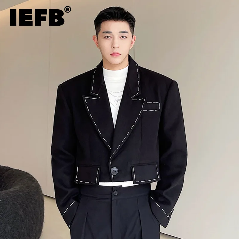 

IEFB Menswear Temperament Topstitched Design Short Blazers Loose Notched Single Button Woolen Suit Jacket Autumn Winter 2023 New