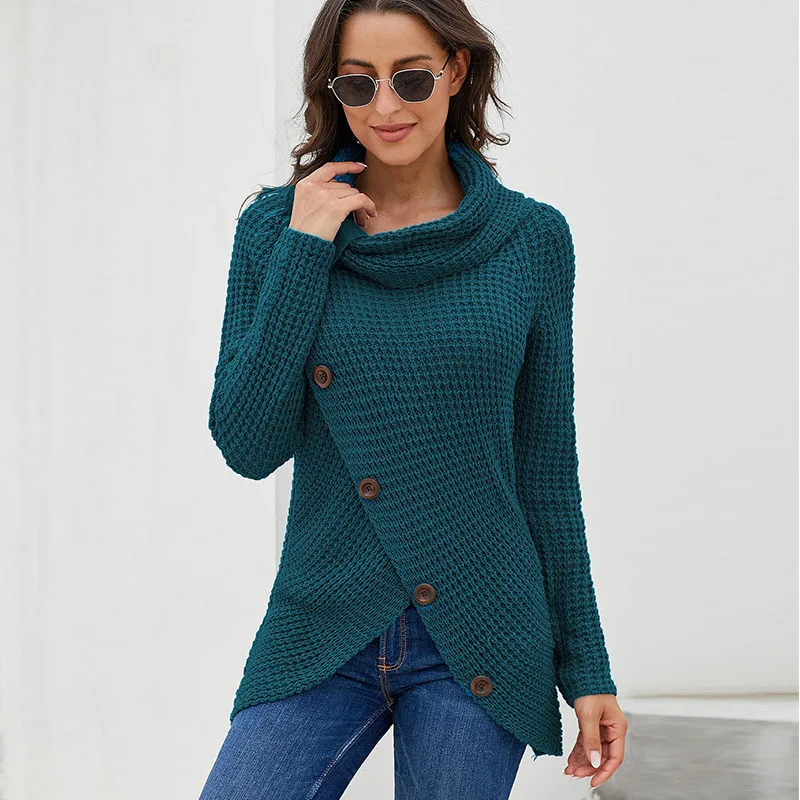 

Button-up Turtle-Neck Sweater Women's Long-Sleeve Hem Asymmetrical Design Autumn And Winter New Style Pullover Knitwear
