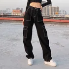 Женские брюки Hirigin с завышенной талией и широкими штанинами, прямые джинсы, повседневные мешковатые брюки, модная уличная одежда с карманами, черные джинсы