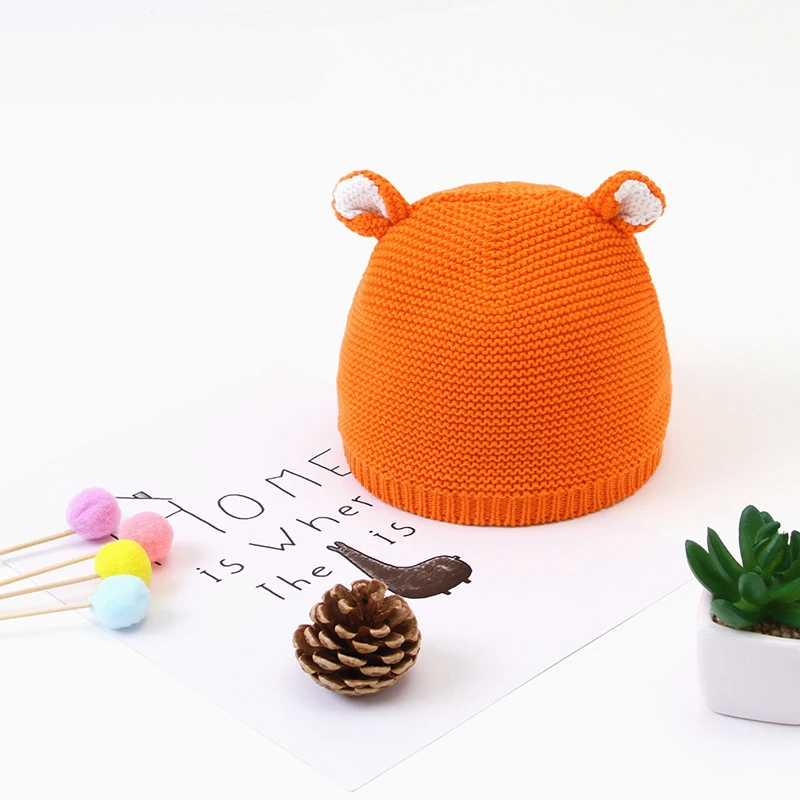 Милая вязаная шапка для новорожденных повседневная с ушками из мультфильмов