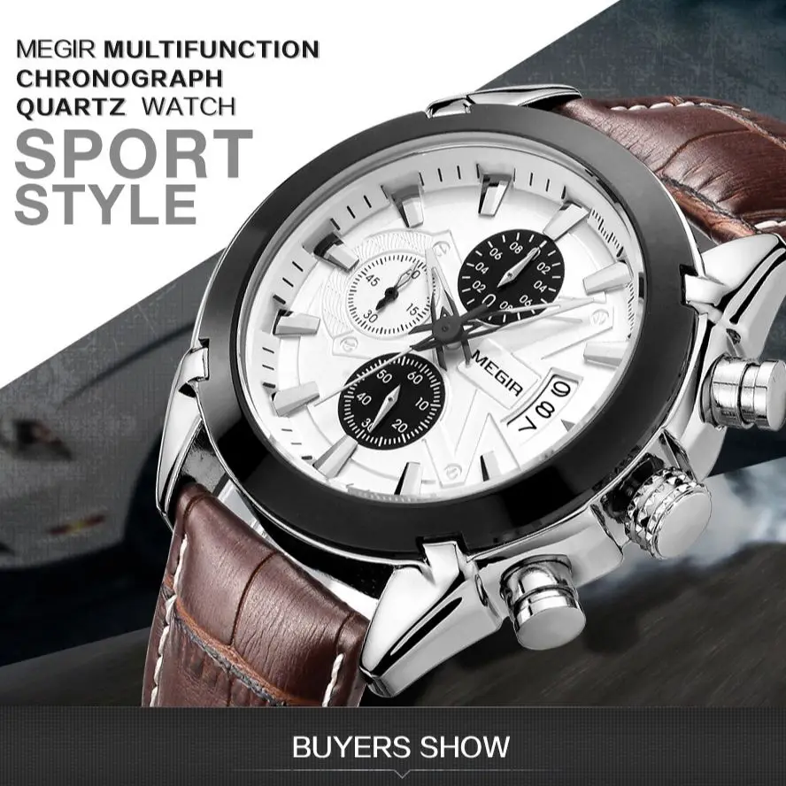 

MEGIR 2020 Men Watch Top Brand Military Quartz Men's Watches Luxury Business Leather Chronograph Wristwatches Reloj Hombre
