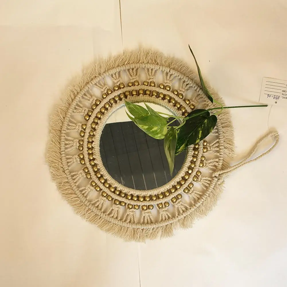 Бежевое круглое богемное зеркало макраме ручной работы из хлопчатобумажной