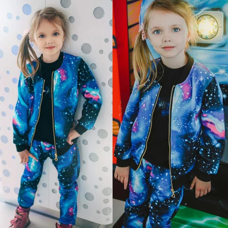 

Universe Girls Clothing Sets Spring Autumn Fashion Starry Sky Hooded Zipper Jacket And Pants Casual Tracksuit Kids Clothes 2-10Y
