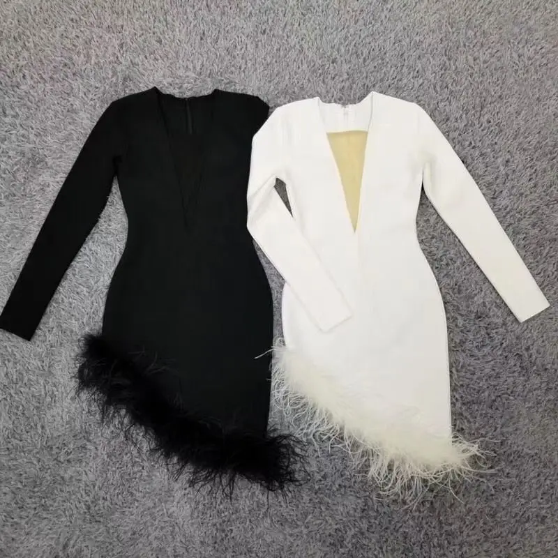 

Women Winter Fashion Sexy Long Sleeve Deep V Feather Black White Bodycon Bandage Dress Elegant Evening Party Dress Vestidos