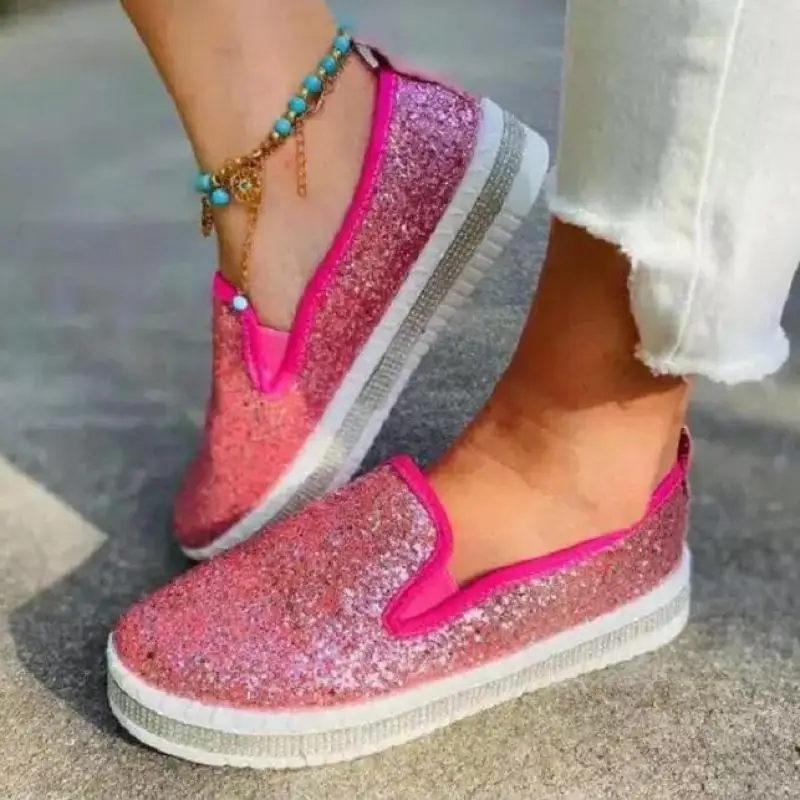 Women Flats  Woman Shoes Rhinestone Ladies Casual Shoes Round Toe Slip-on Platform Shoes