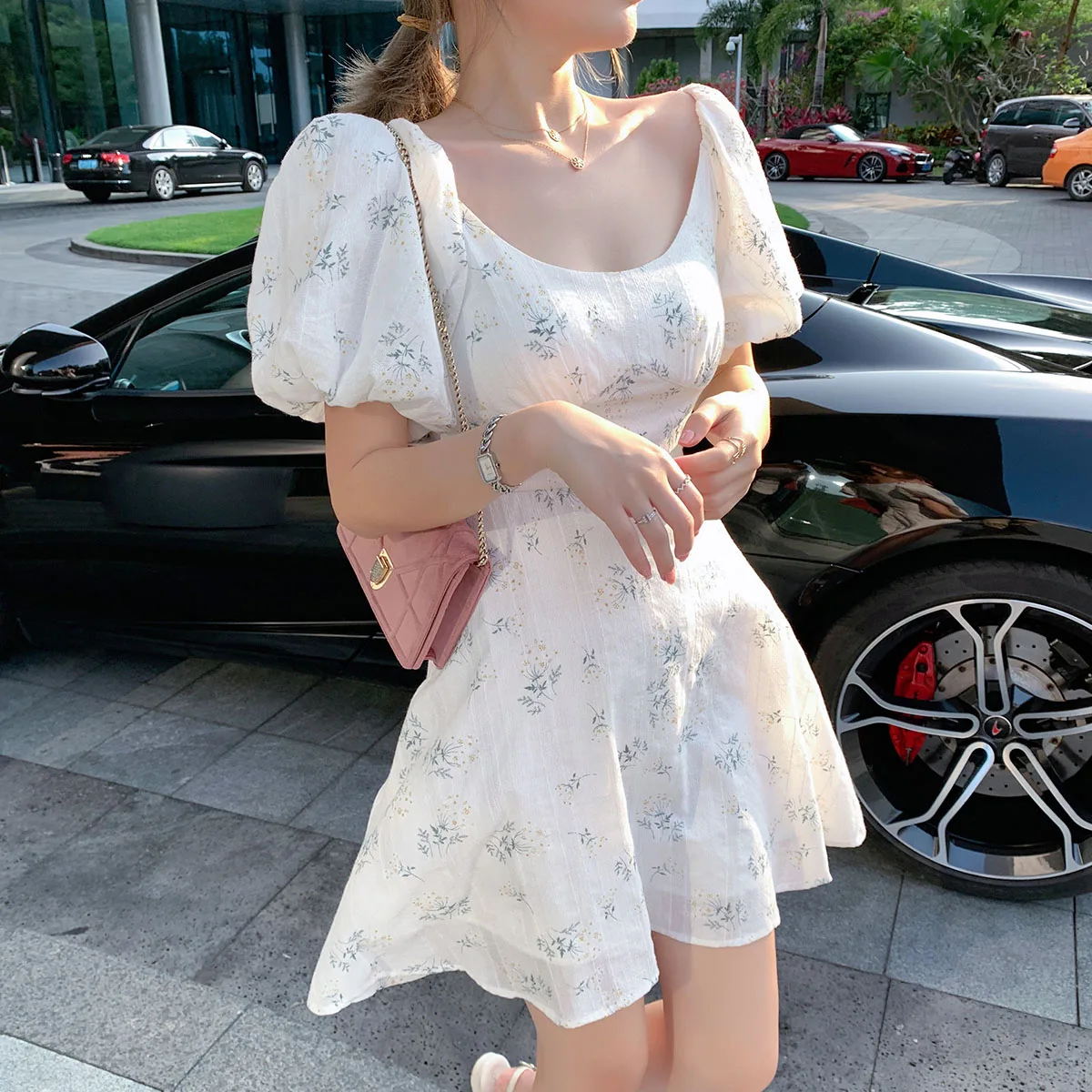 Manica a sbuffo stampa floreale francese Maxi Mini abito da donna Office Lady coreano stile giapponese Kawaii abito elegante per donna estate 2022