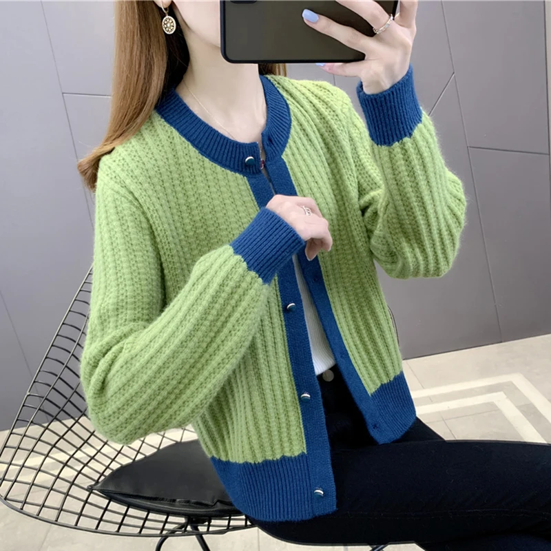 

Room 218261, row 5, under No. 5] real shooting round neck color matching button knit cardigan [1395] 46