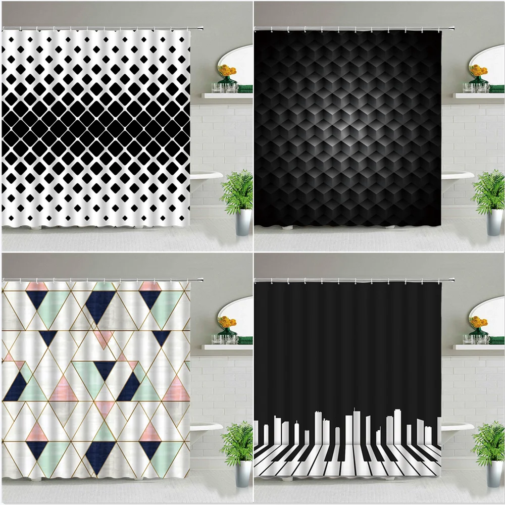

Geometry Printed Shower Curtains For Bathroom Decor Screen Black And White Stripes Waterproof Fabric Bathtub Curtain With Hooks