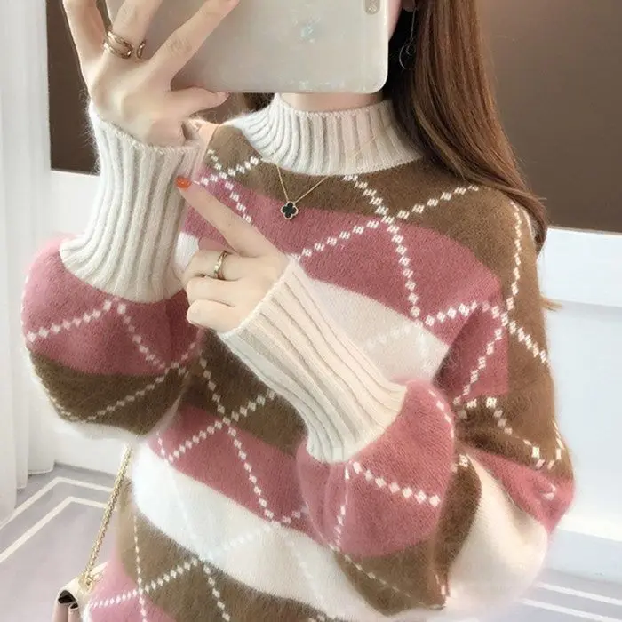 

Woman Sweaters 2020 Pullover Turtleneck Color Matching Loose-Fitting Sweater Knitwear for Women Femme Chandails Pull Hiver