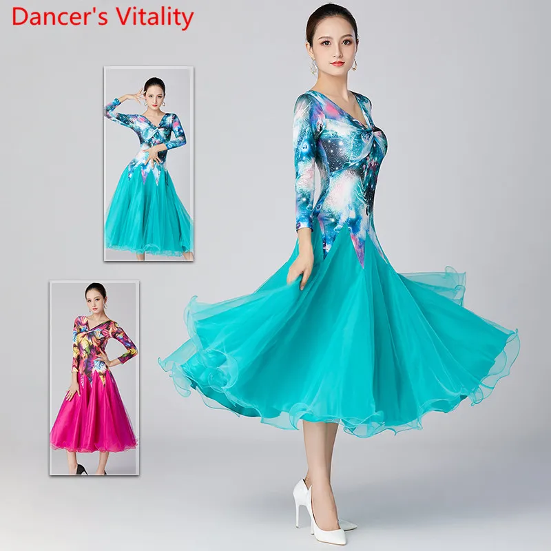 Современный танцевальный костюм новый национальный стандарт Сетчатое платье с