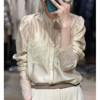european station 2022 early spring new retro gentle fashion stand collar embroidery court style sleeve shirt top for women