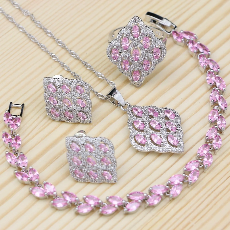 

Pink Cubic Zirconia 925 Silver Bridal Jewelry Set For Women Wedding Square Shaped Stud Earring/Pendant/Necklace/Bracelet/Ring