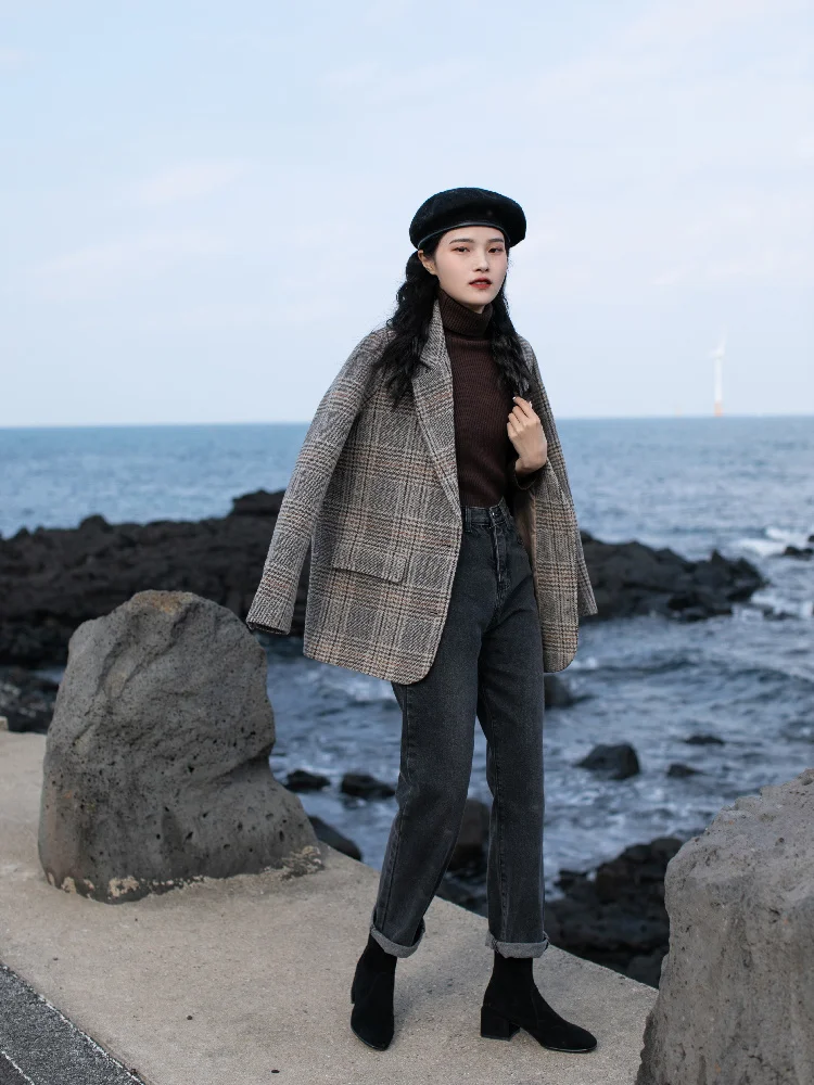 

Plaid Wool Suit Coat Women's Autumn And Winter Thickened Warm Coat Short Small 2021 New