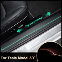 4pcs car door sill welcome pedal decoration sticker scuff guard for tesla model 3 model y anti kick rear front accessories
