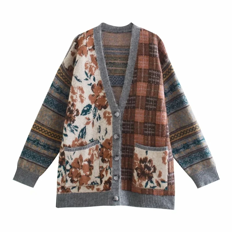 

Женский трикотажный кардиган XITIMEAO, Свободный вязаный свитер с V-образным вырезом и принтом в стиле ретро, вязаный кардиган для осени и зимы