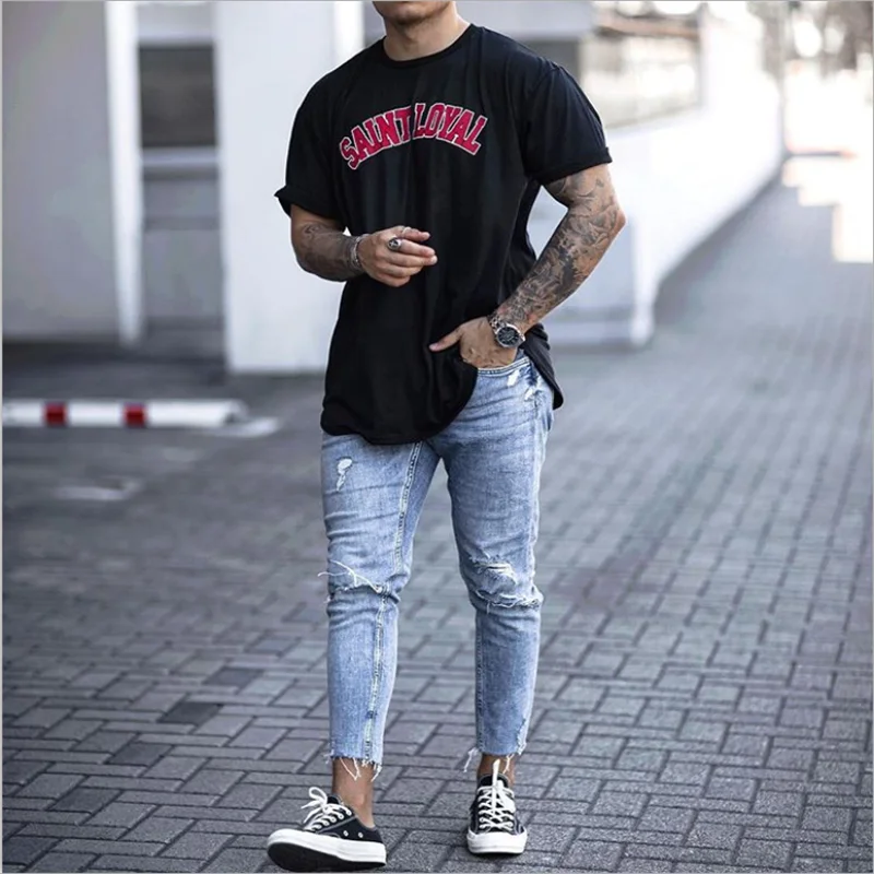 

Casual Skinny Jeans Ankle Length Ripped Denim Pant Zipper Fly Men Clothing Cut Bottom Pencil Pant Light Blue Cowboys Streetwear