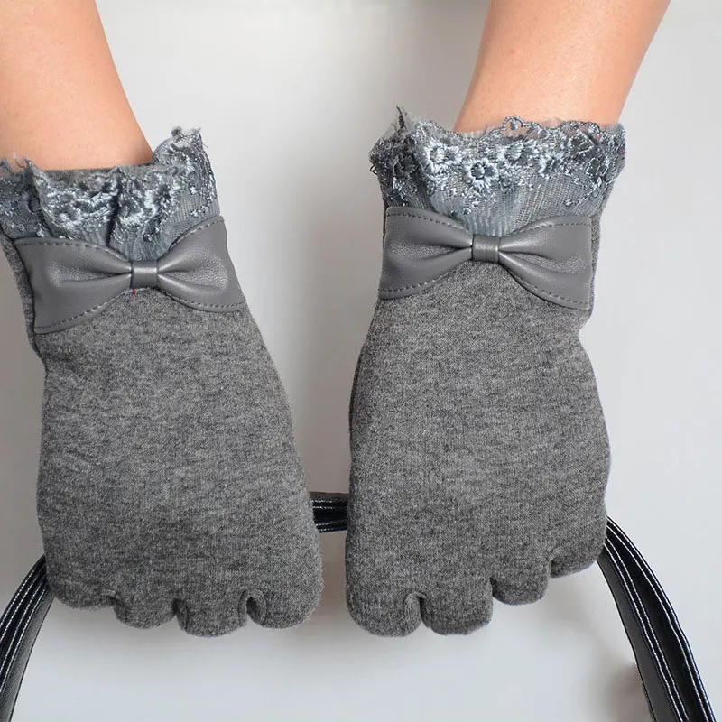 Новинка 1 пара модные женские зимние перчатки с кружевным бантом для телефона