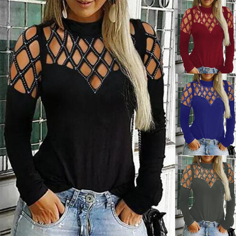 

Женская блузка с длинным рукавом, круглым вырезом и стразами