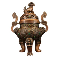 laojunlu collecting an old pure copper hand crafted incense burner with inlaid lion cover and ruyi ears antique bronze