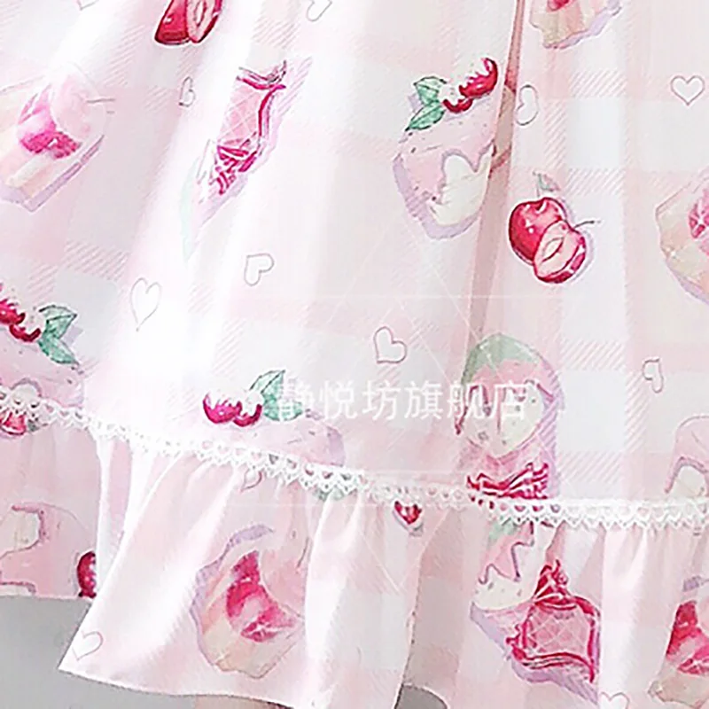 

Pink Japanese Soft Sister Sweet Lolita Dresses Lace Vintage Cosplay Girl High Waist Strap Dress Cos Girl Sleeveless Cherry Print