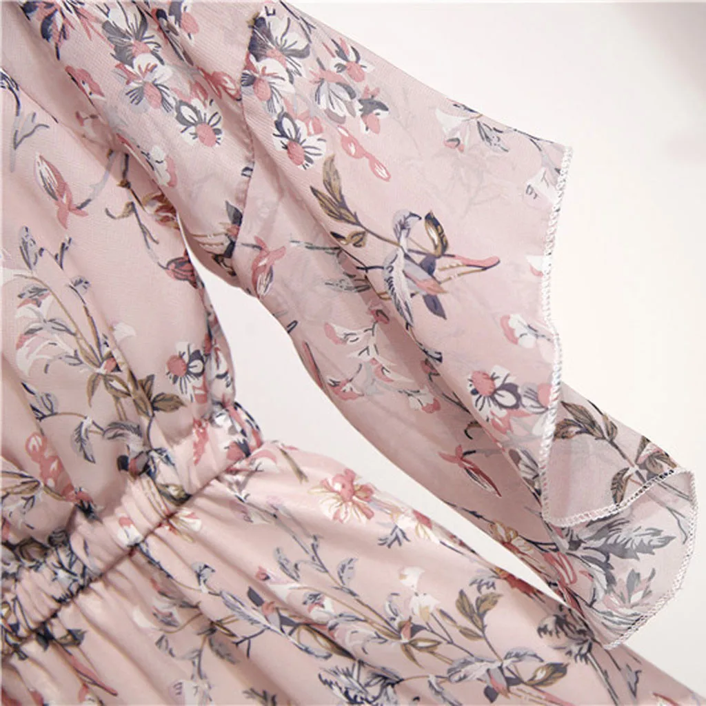 SAGACE Dress Women Casual Floral Printed A-Line Chiffon V-Neck Summer Holiday Elastic Waist Bandage Lady | Женская одежда