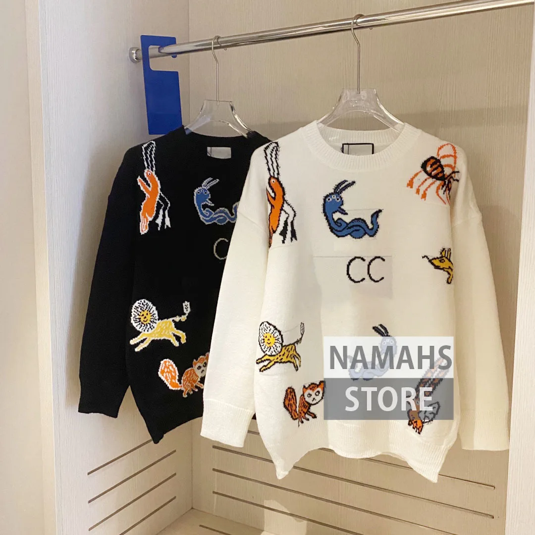 

high end fall fashion sweater 2021 women clothing cartoon letter logo jacquard wool jumpers long sleeve o neck sweaters pullover
