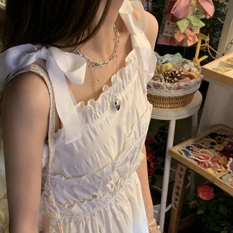 

Dress Women Elegant Solid Elastic Waist Knee-Length Square Collar Birthday White Lovely Leisure A-line Sleeveless Folds Vintage