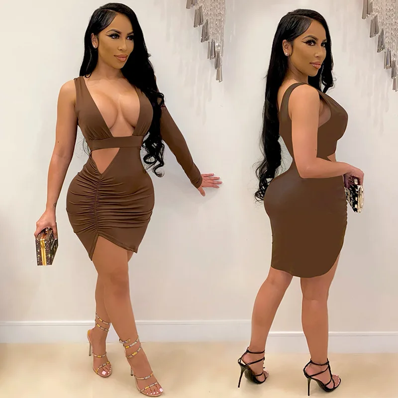 

Echoine Woman Irregular Hems Dress Sexy V Neck One Sleeved Pleated Mini Dress Night Club Party Wear Outfits 2021 New Clothing