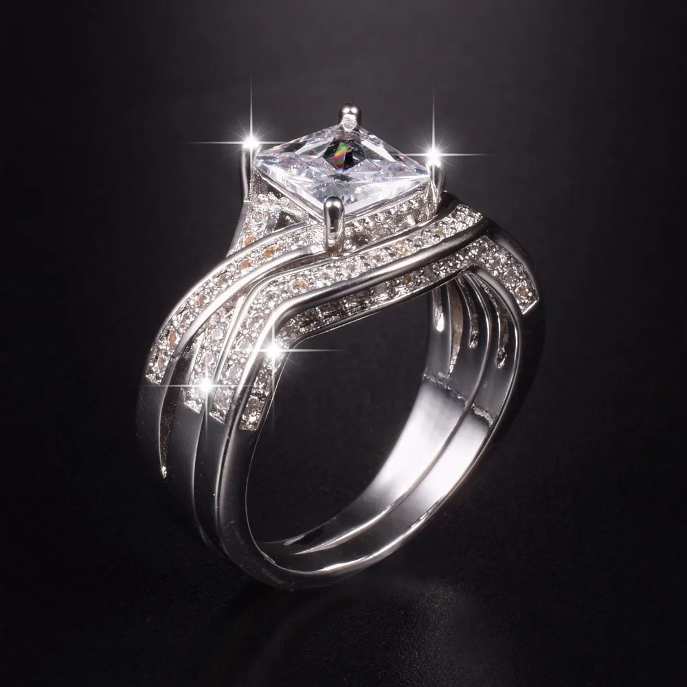 

Vintage Stamp 10KT gold Plated Square Shape Princess Cut Simulated Diamond for Women CZ Stone Wedding Cocktail Ring Set SZ 5-10
